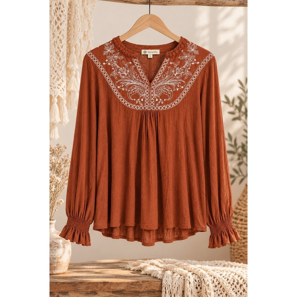 Democracy Womens Peasant Top L Rust Orange Embroidered Smocked Cuff B9439MATX